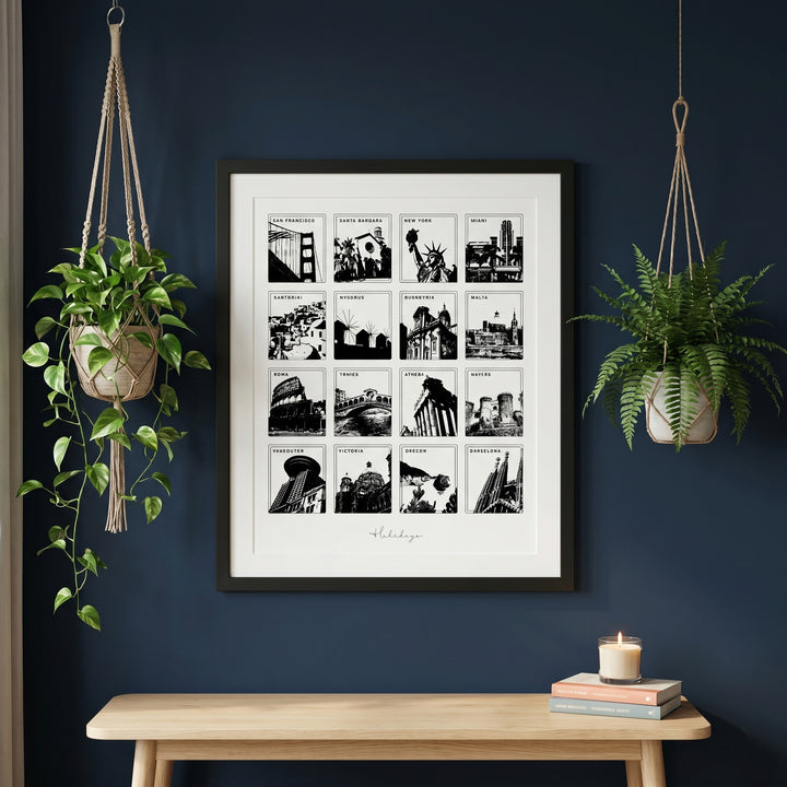 Framed black and white print on a dark blue wall with hanging plants and a wooden bench.