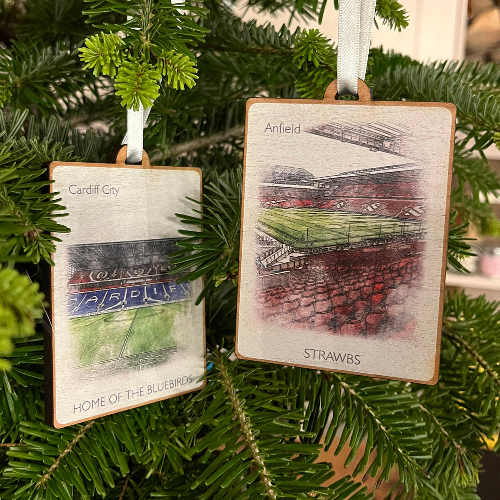 Custom wooden football stadium decoration for Christmas tree, Cardiff City, and Anfield