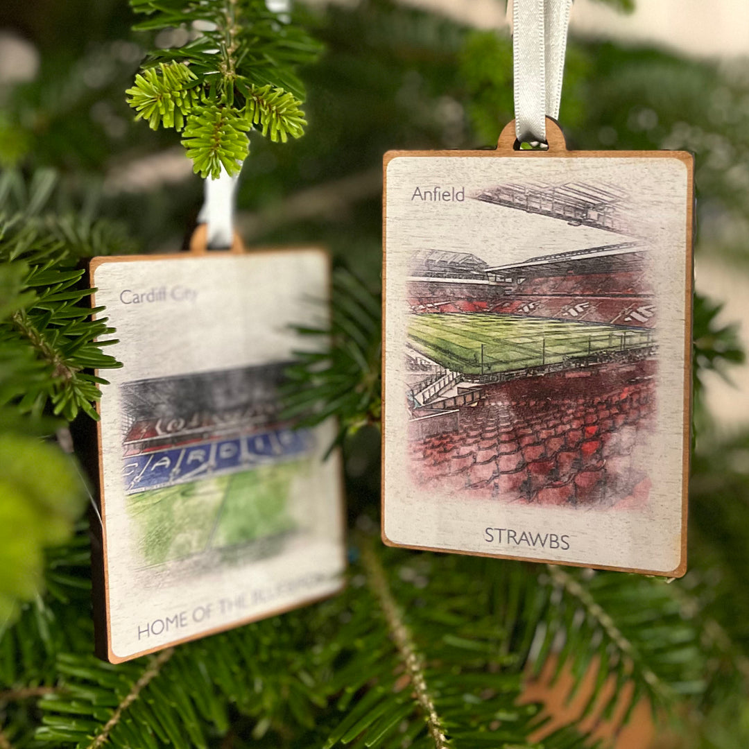 Custom wooden football stadium decoration for Christmas tree, Cardiff City, and Anfield.