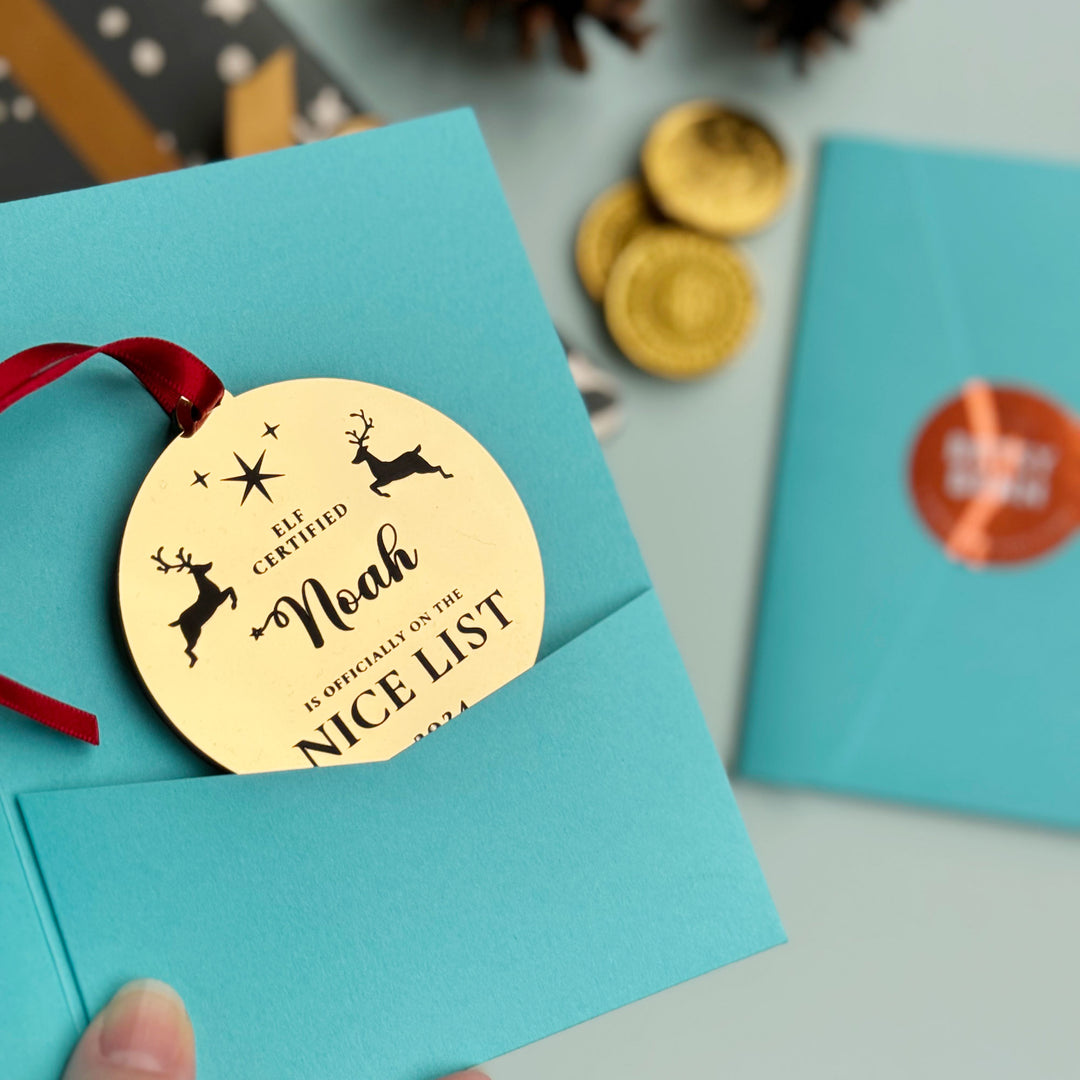 Personalised gold or silver Christmas tree bauble, Nice List stocking filler.