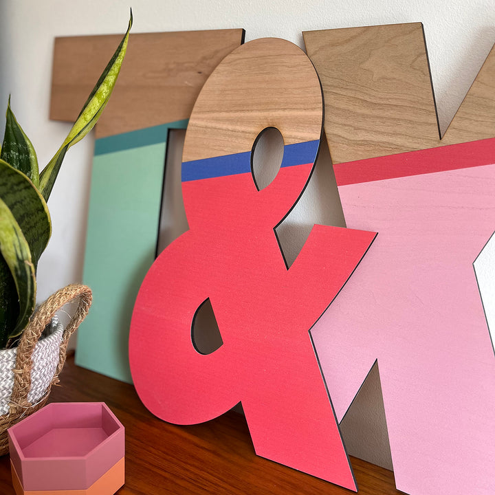 Large wooden letters "T," "&," and "Y" painted in vibrant colors, displayed on a shelf with a plant.
