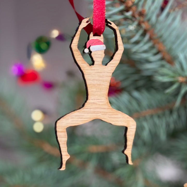 Sport lovers Christmas tree secret Santa gift for yoga instructors, wooden hanging Xmas bauble printed on sustainable cherry veneer.