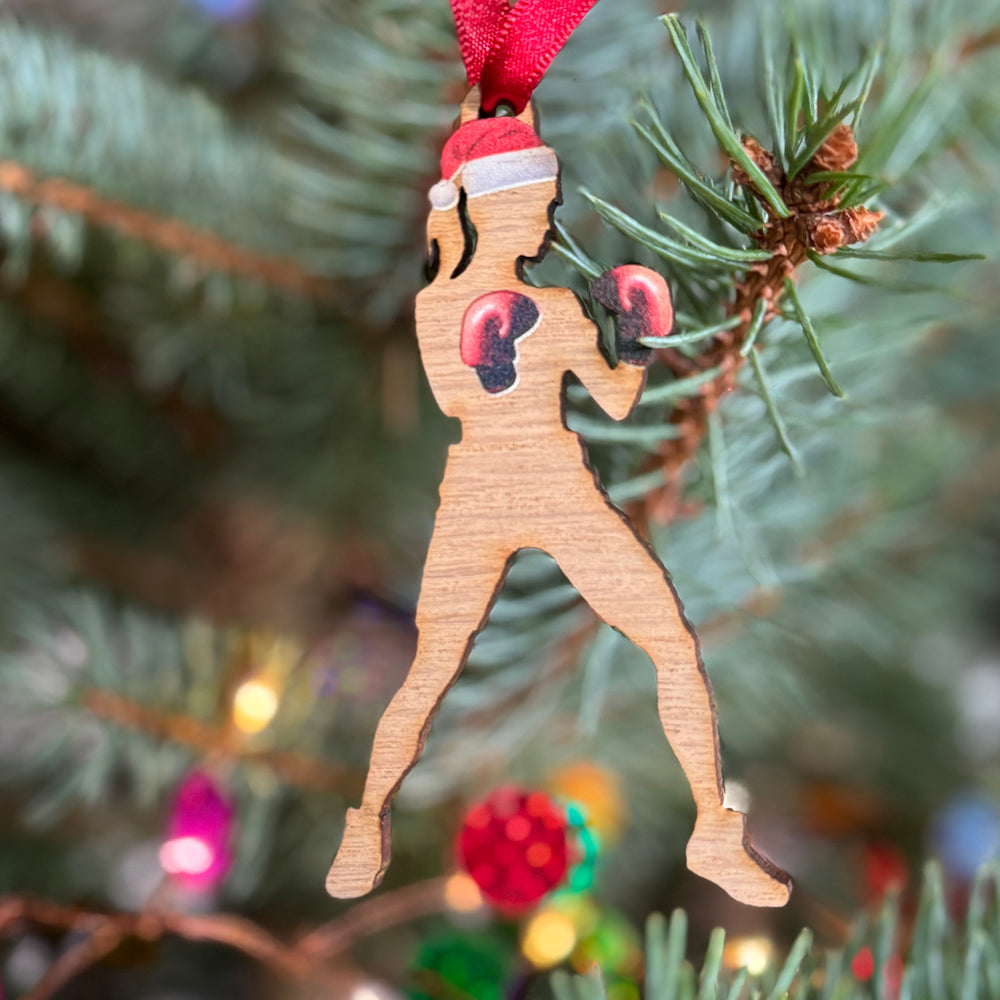 Sport lovers Christmas tree secret Santa gift for boxing fans, wooden hanging Xmas bauble printed on sustainable cherry veneer.