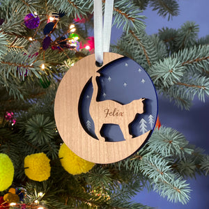 A wooden Christmas ornament shaped like a circle hangs on a pine branch against a dark blue background. The ornament features a cutout silhouette of a cat and is engraved with the name "Felix." Colorful decorations are visible on the branch.