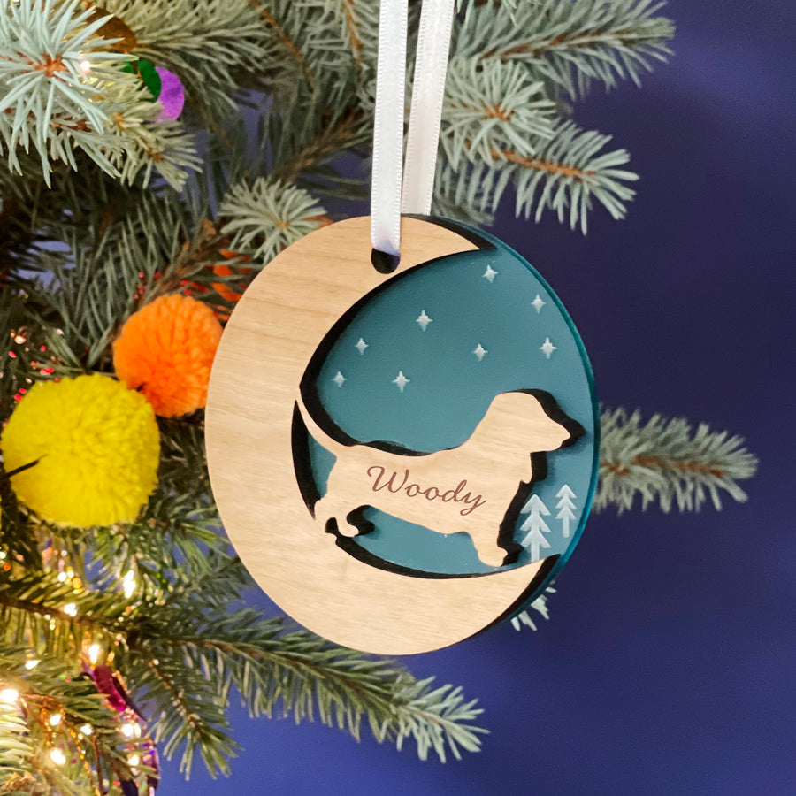 A wooden Christmas ornament shaped like a crescent moon hangs on a pine branch against a dark blue background. The ornament features a cutout silhouette of a dachshund and is engraved with the name "Woody." Colorful pom-poms are visible on the branch.