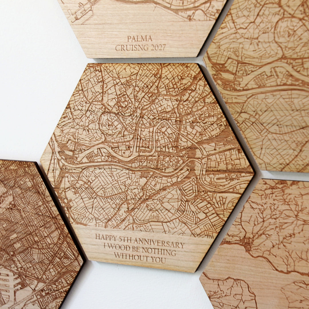 Wooden Engraved Map Hexagon Tile Wall Art