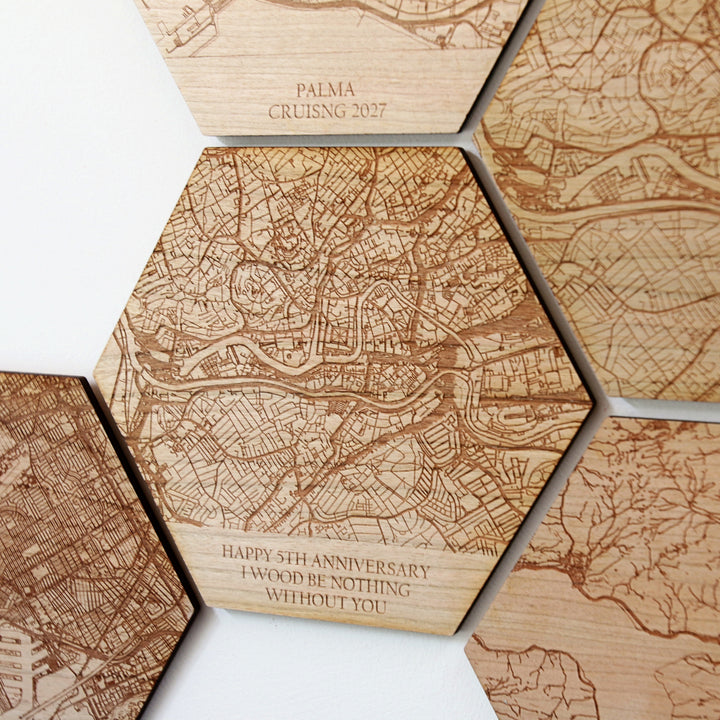 Wooden Engraved Map Hexagon Tile Wall Art