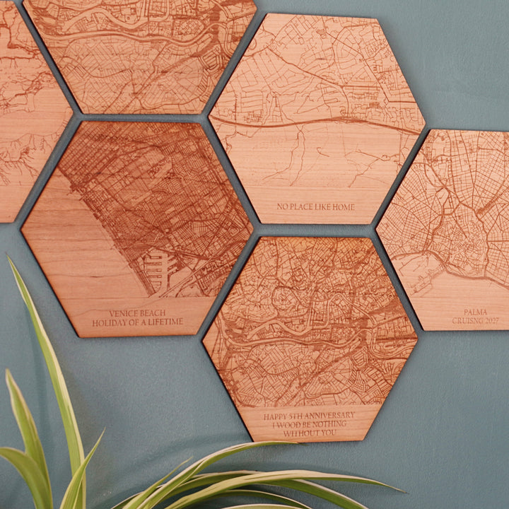 Wooden Engraved Map Hexagon Tile Wall Art