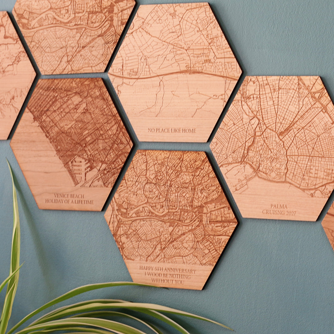 Wooden Engraved Map Hexagon Tile Wall Art