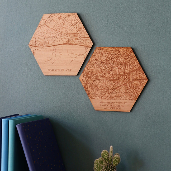 Wooden Engraved Map Hexagon Tile Wall Art