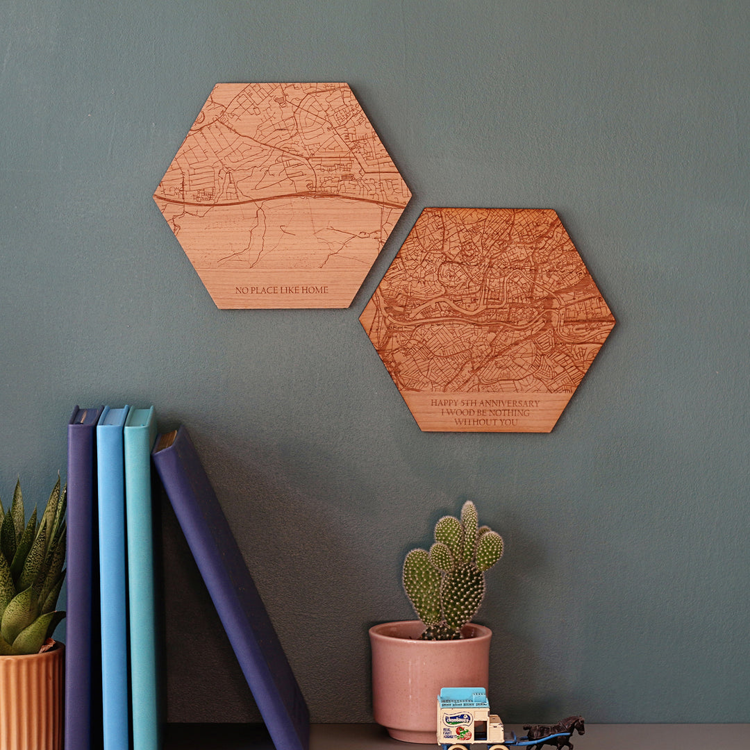 Wooden Engraved Map Hexagon Tile Wall Art