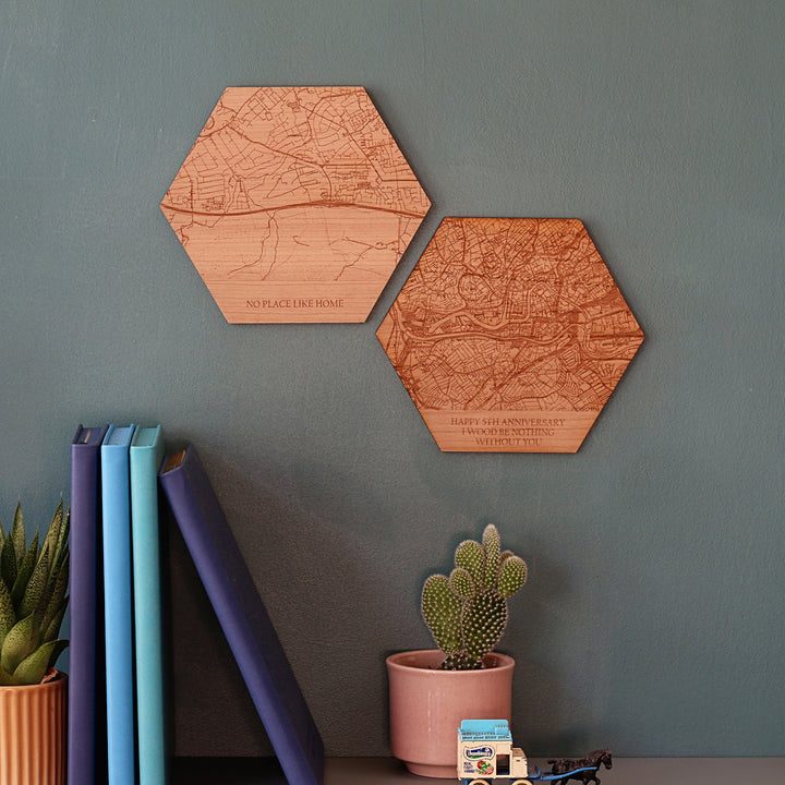 Wooden Engraved Map Hexagon Tile Wall Art