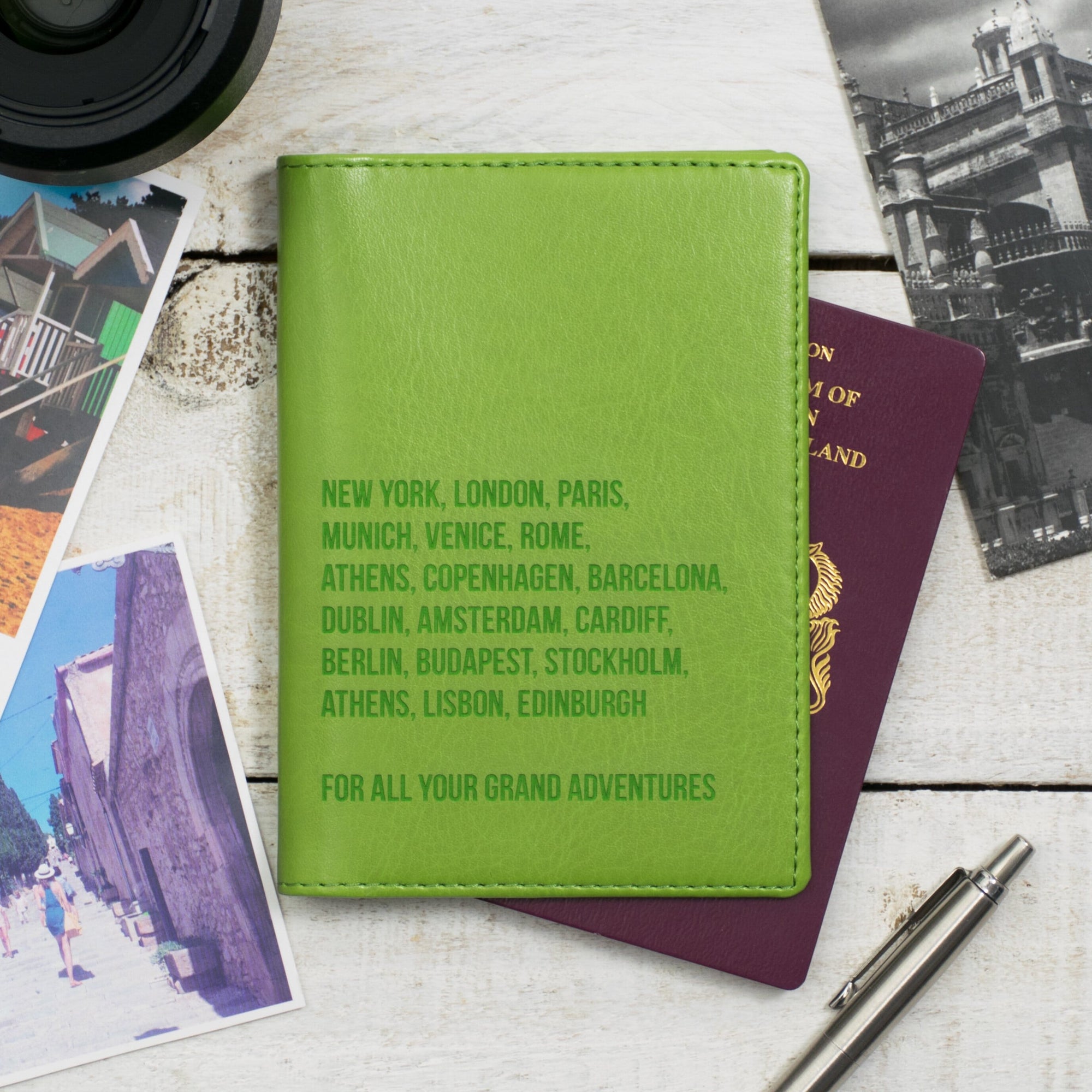 Green Vegan leather passport holder with personalised laser engraving on the cover