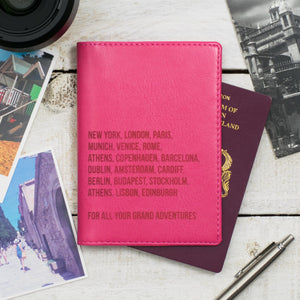 Pink Vegan leather passport holder with personalised laser engraving on the cover