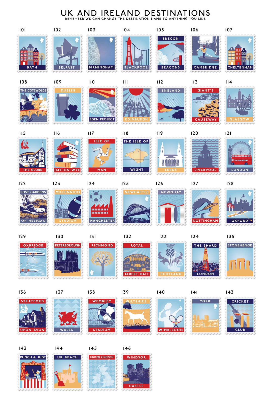 Nine Postage Stamp Destination Print  Print - Betsy Benn
