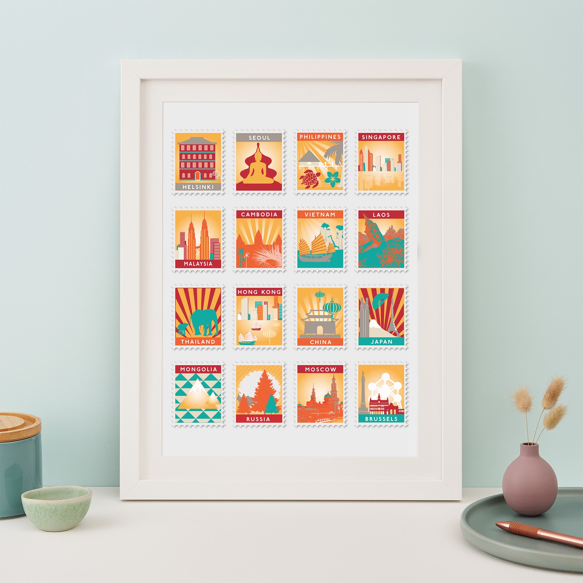 Personalised Stamp Art Destination Print 16 Stamps by Betsy Benn