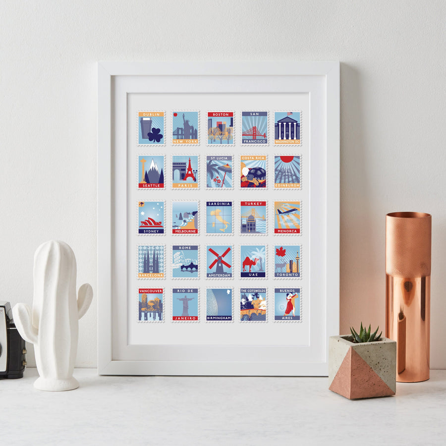 White framed print with 25 blue, red and yellow toned stamp designs on a white background.