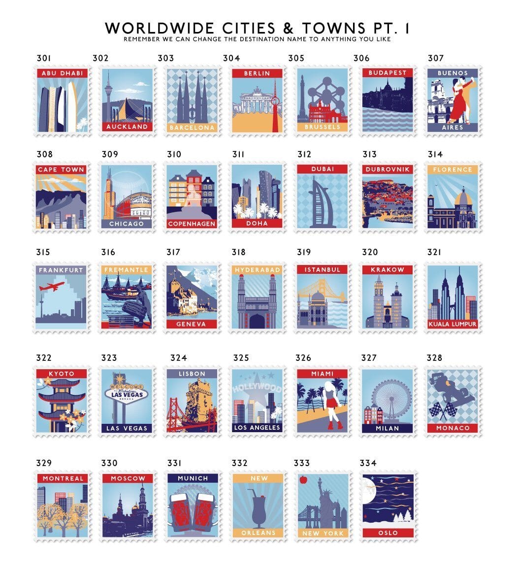 Photo showing part 1 of the available stamp images for worldwide cities and towns