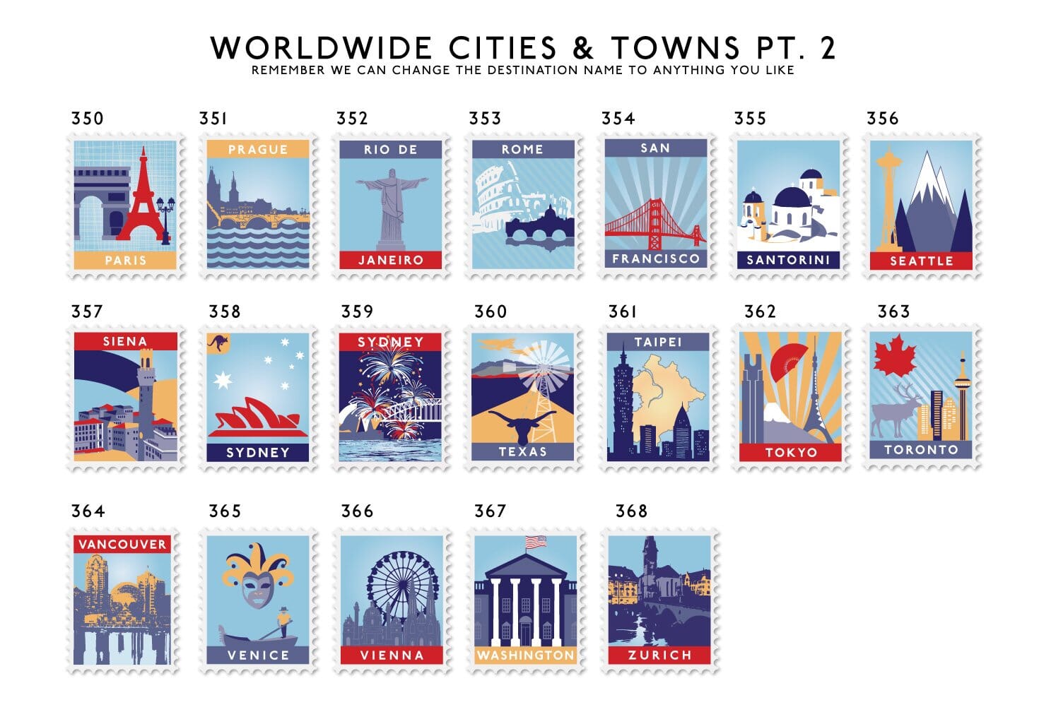 Favourite Destinations Postage Stamp Art  Print - Betsy Benn