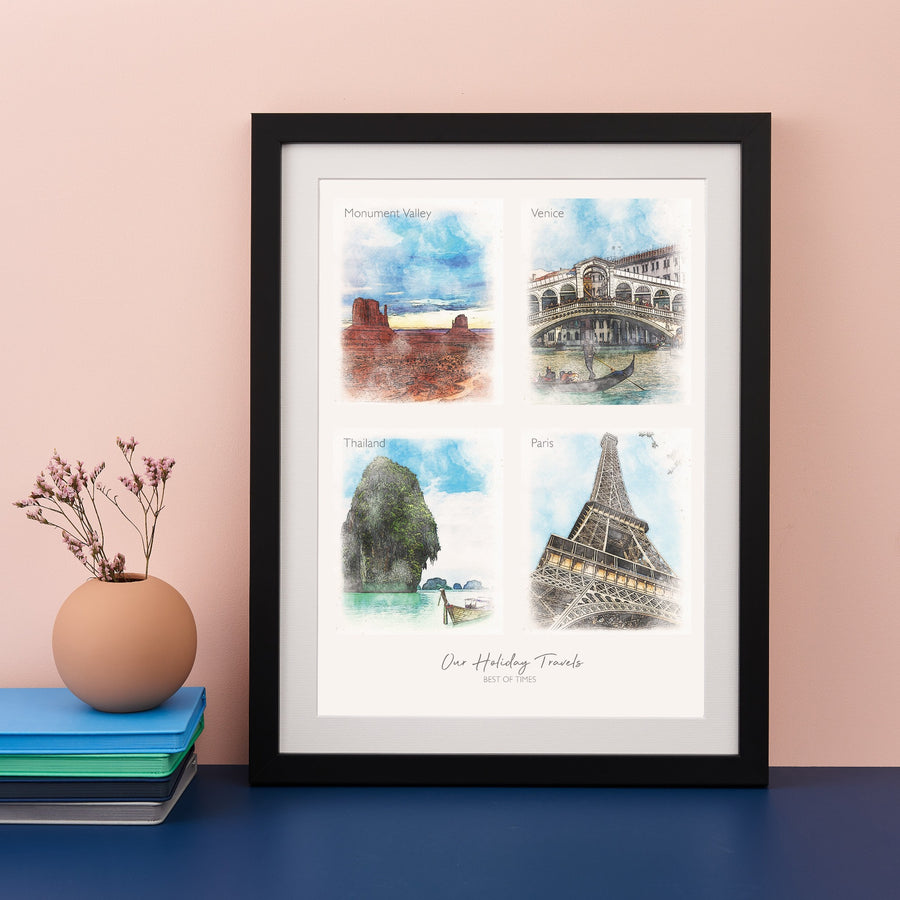 A framed print with four watercolor paintings of famous landmarks: Monument Valley, Venice, Thailand, and the Eiffel Tower. The text "One Holiday Travel" and the year "2019" are written below the images.