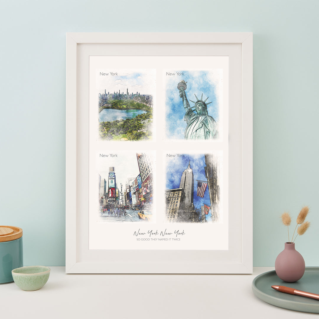 A framed print with four watercolor paintings of famous landmarks: Central Park, the Statue of Liberty, Times Square, and the Empire State Building. The text "New York, New York" and the year "2019" are written below the images.
