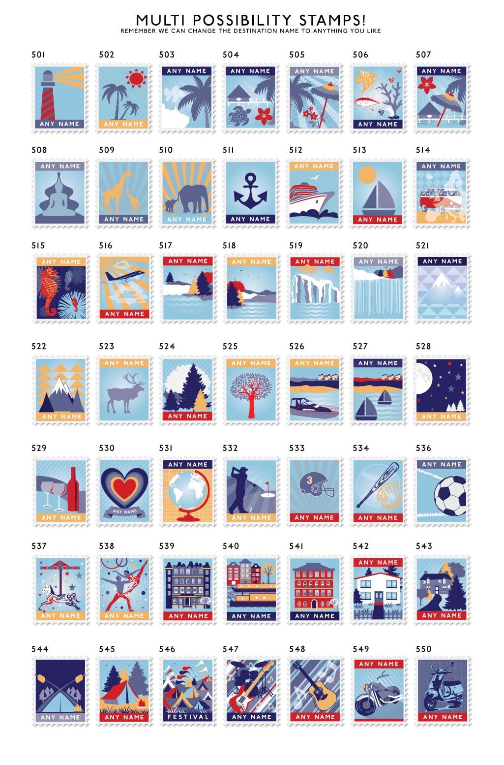 Favourite Destinations Postage Stamp Art  Print - Betsy Benn