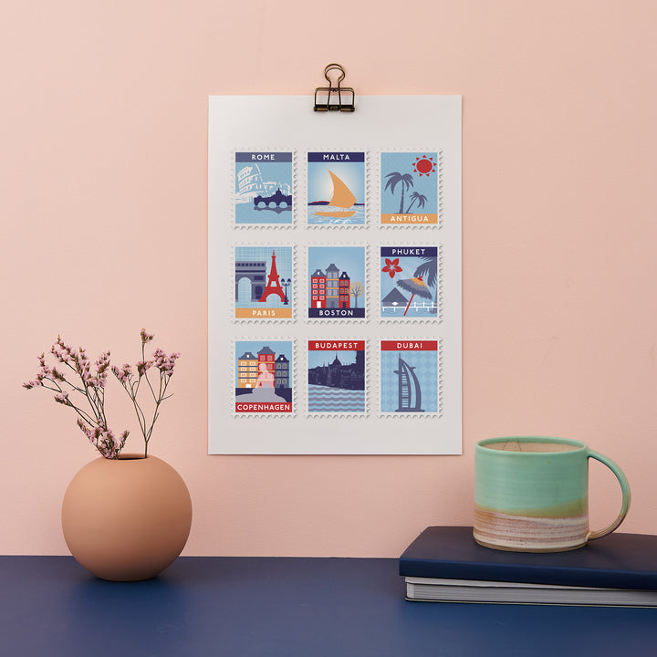Nine Postage Stamp Destination Print