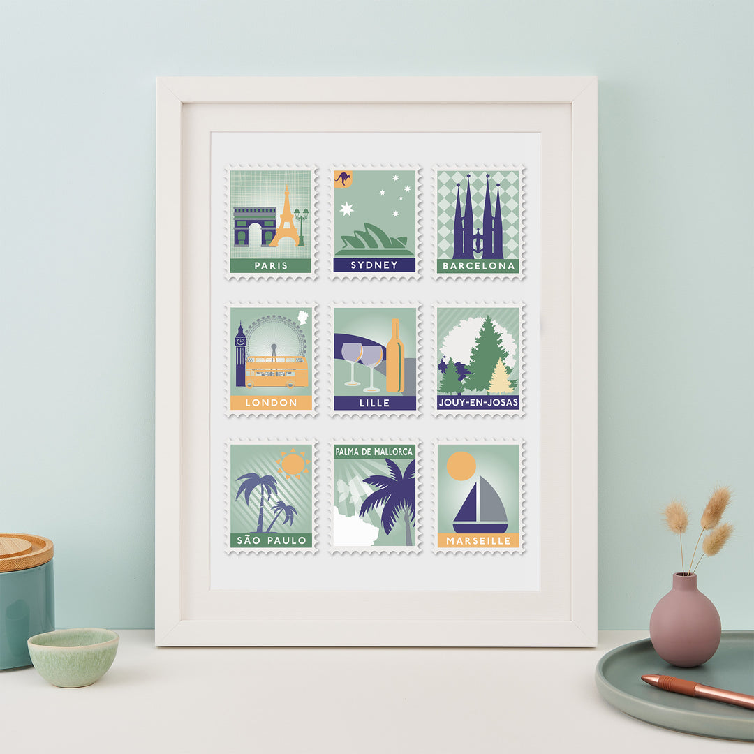 Nine Postage Stamp Destination Print