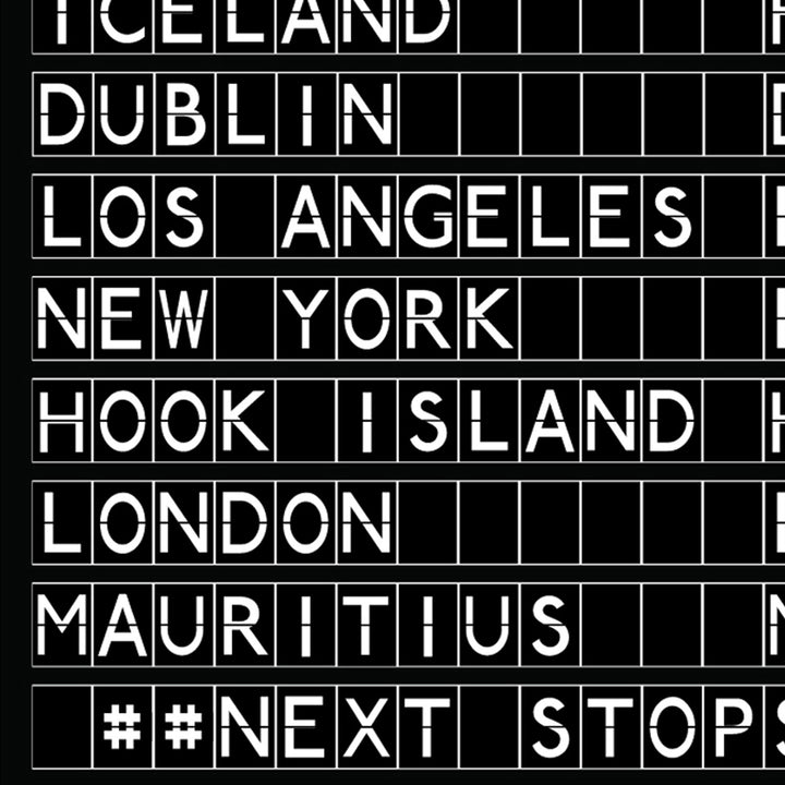 close up of black and white print in the style of an airport departures board