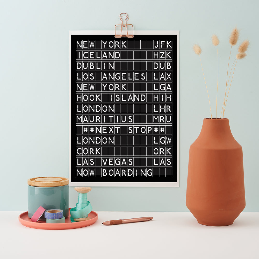 black and white print in the style of an airport departures board