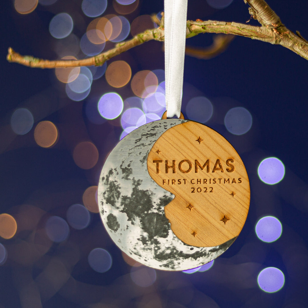 Personalised wooden moon bauble for baby’s first festive season