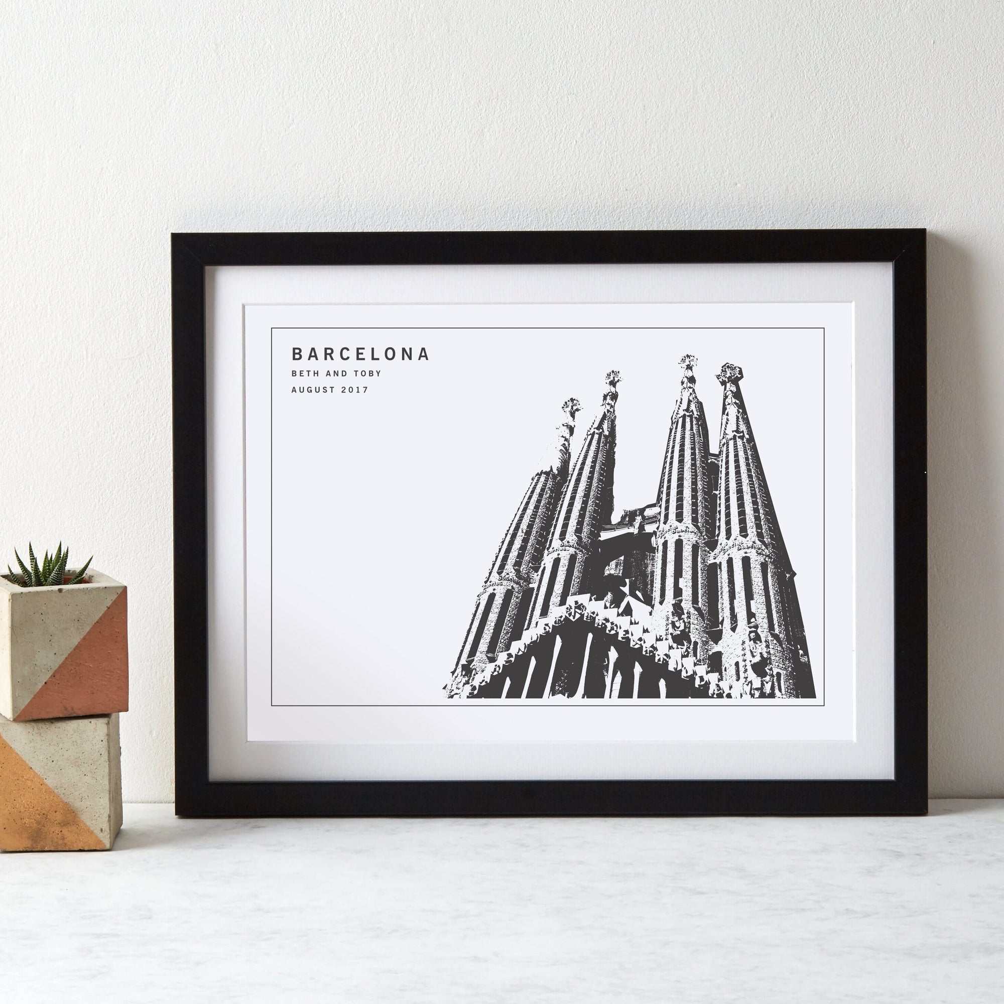 Black framed monochrome personalised graphic image of the cathedral in Barcelona