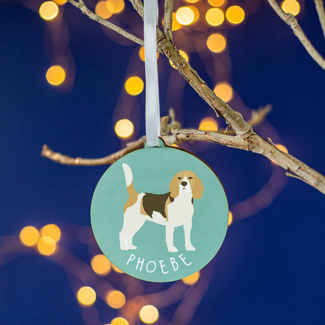 Hand-painted Beagle Christmas ornament, personalised for pet lovers.