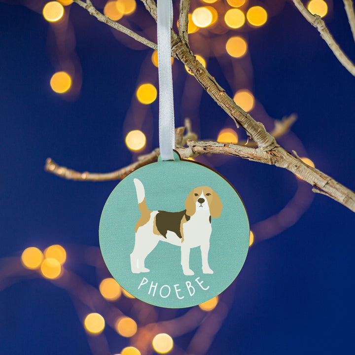 Hand-painted Beagle Christmas ornament, personalised for pet lovers.