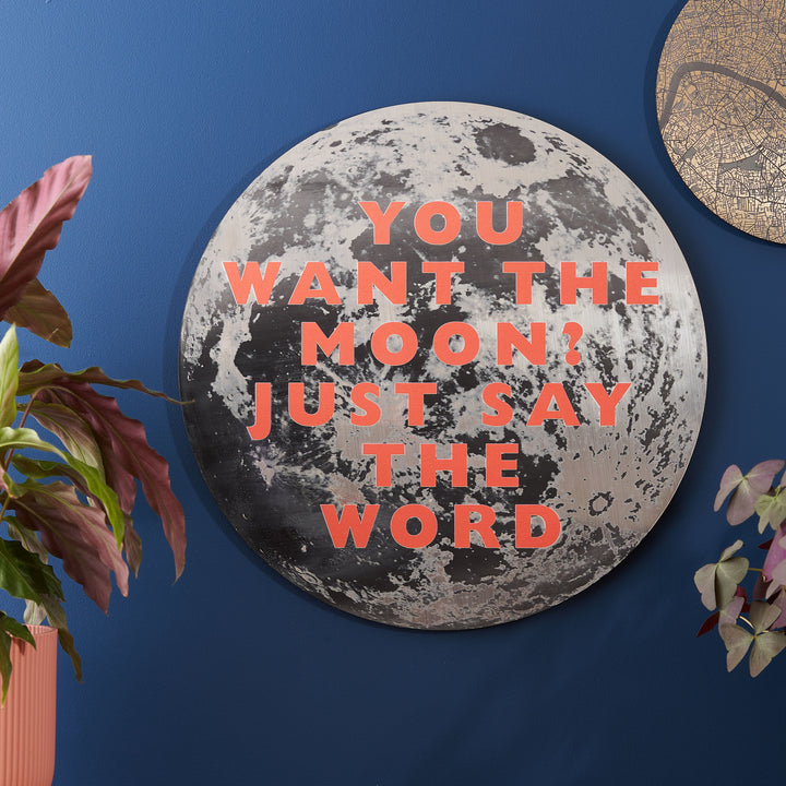 Wall-mounted moon-themed plaques on a deep blue wall, with one featuring the quote: "Aim for the moon. If you miss, you may hit a star." Green potted succulents are placed below.