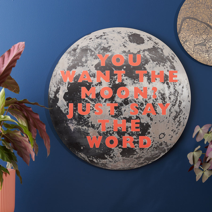 Wall-mounted moon-themed plaques on a deep blue wall, with one featuring the quote: "Aim for the moon. If you miss, you may hit a star." Green potted succulents are placed below.