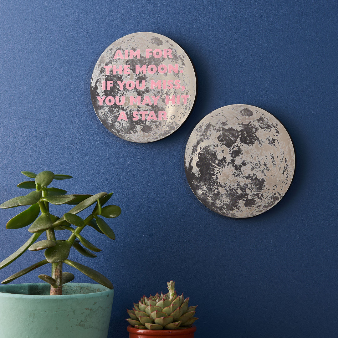 Two moon-themed wall plaques on a dark blue wall. One has the quote, "AIM FOR THE MOON. IF YOU MISS, YOU MAY HIT A STAR," in pink text. There are also two potted succulents in the foreground.