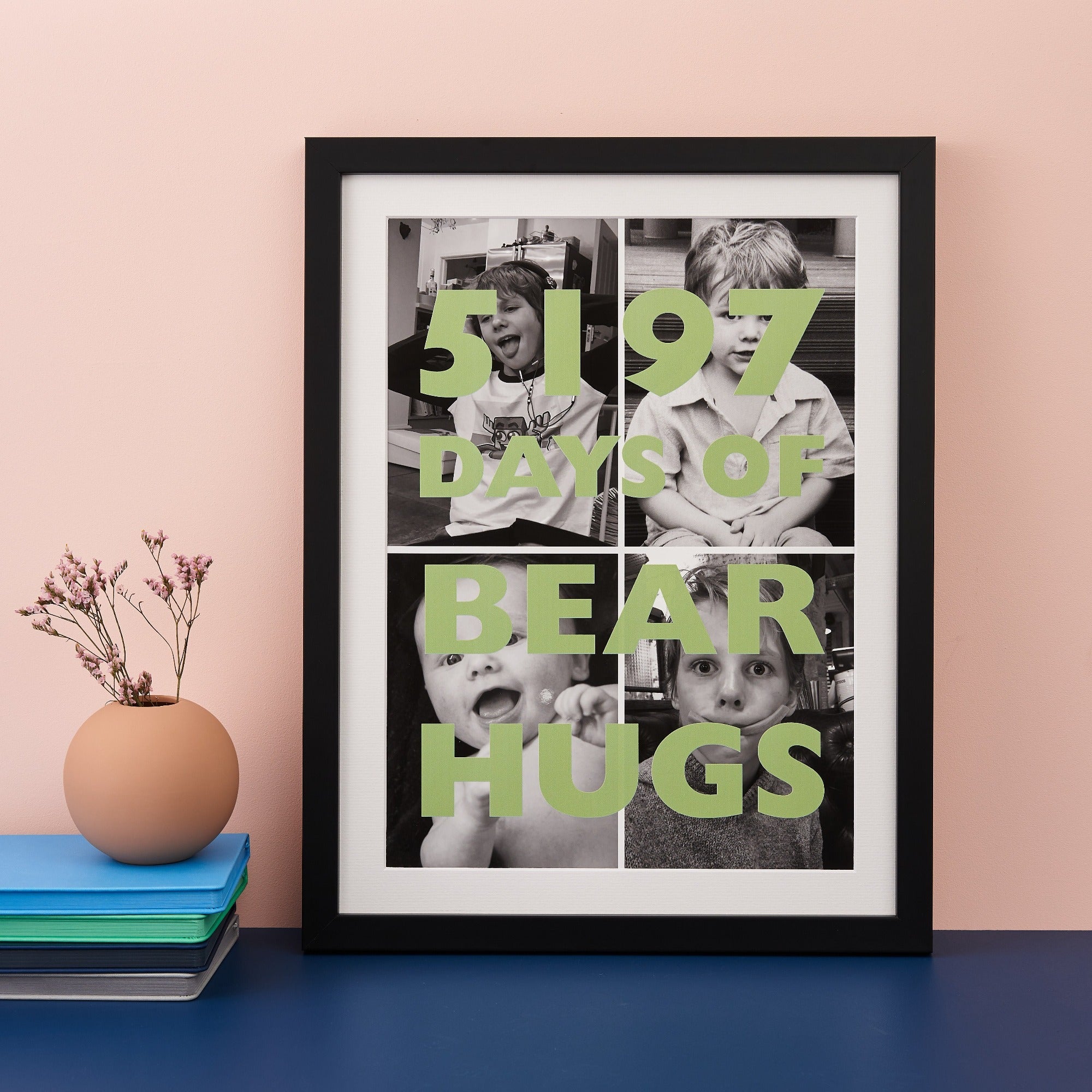 Print with small black and white photos in a grid overlayed with large personalised text in green 