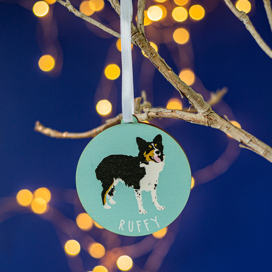 Wooden Collie dog bauble with name engraving, perfect festive gift for dog owners.