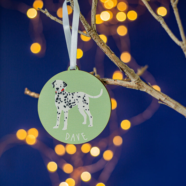 Hand-painted Dalmatian Christmas ornament, personalised for pet lovers.