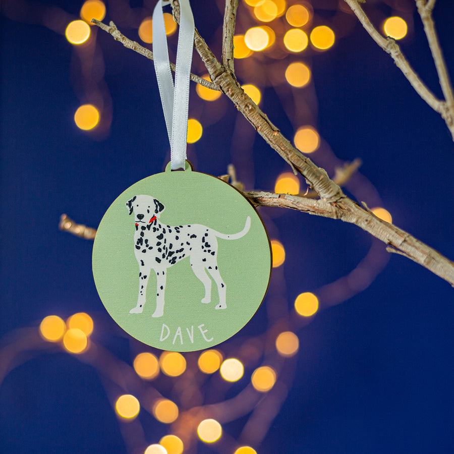 Hand-painted Dalmatian Christmas ornament, personalised for pet lovers.