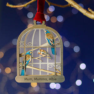 Personalised Gold metallic style birdcage decoration with wooden birds inside