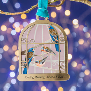 Personalised Gold metallic style birdcage decoration with wooden birds inside