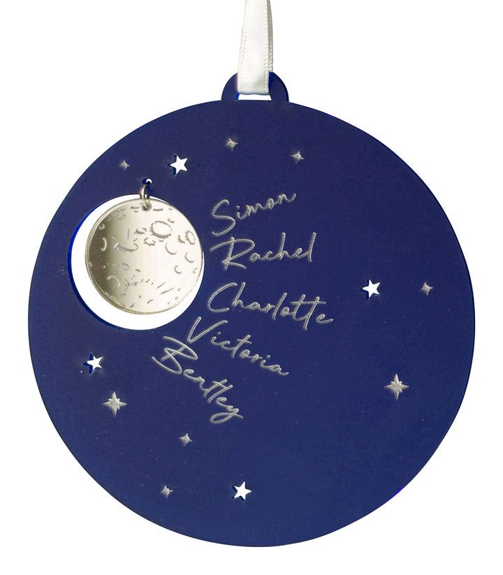 Personalised night sky Christmas bauble with silver moon and family names.