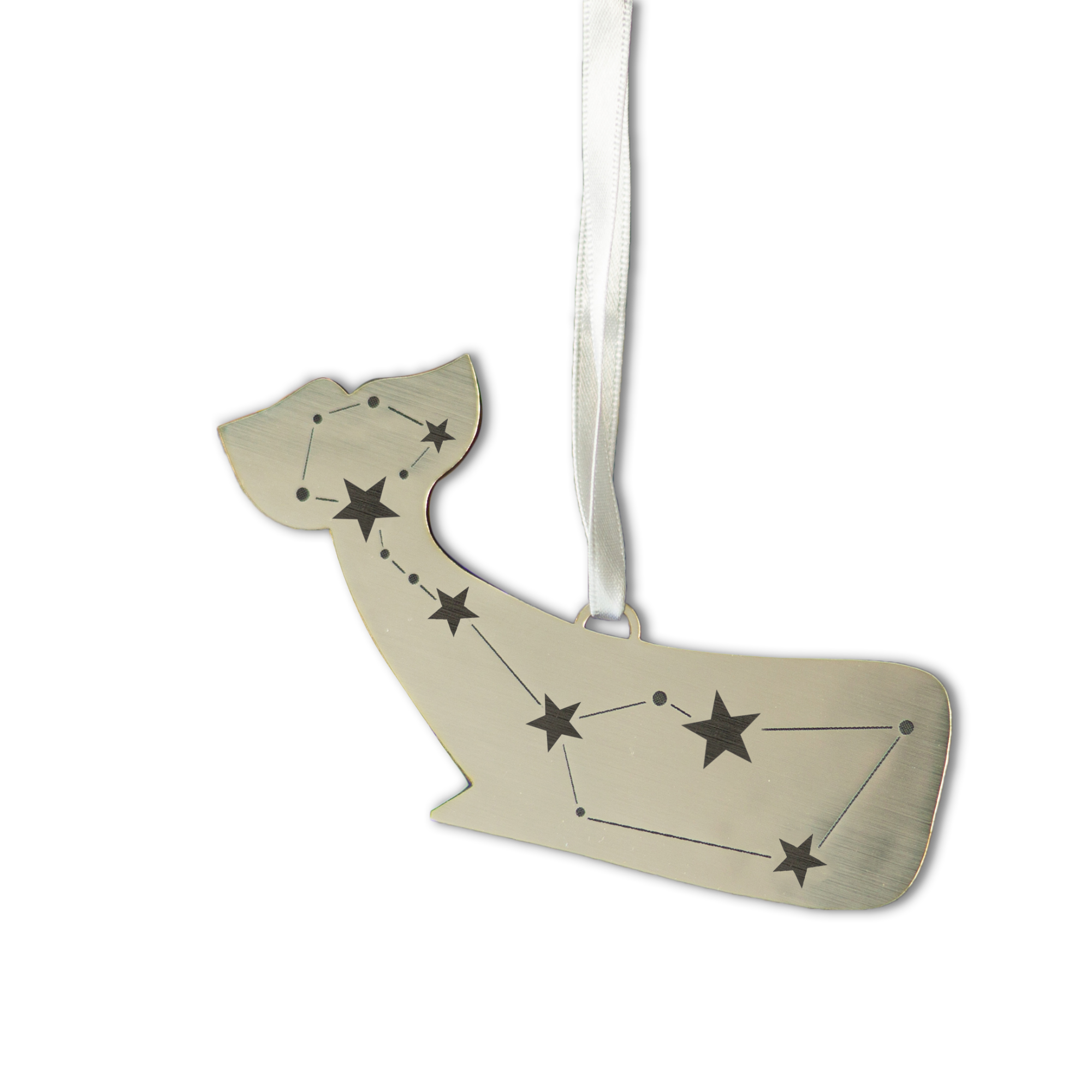 Silver metallic christmas tree decoration of a whale engraved with a constellation of stars