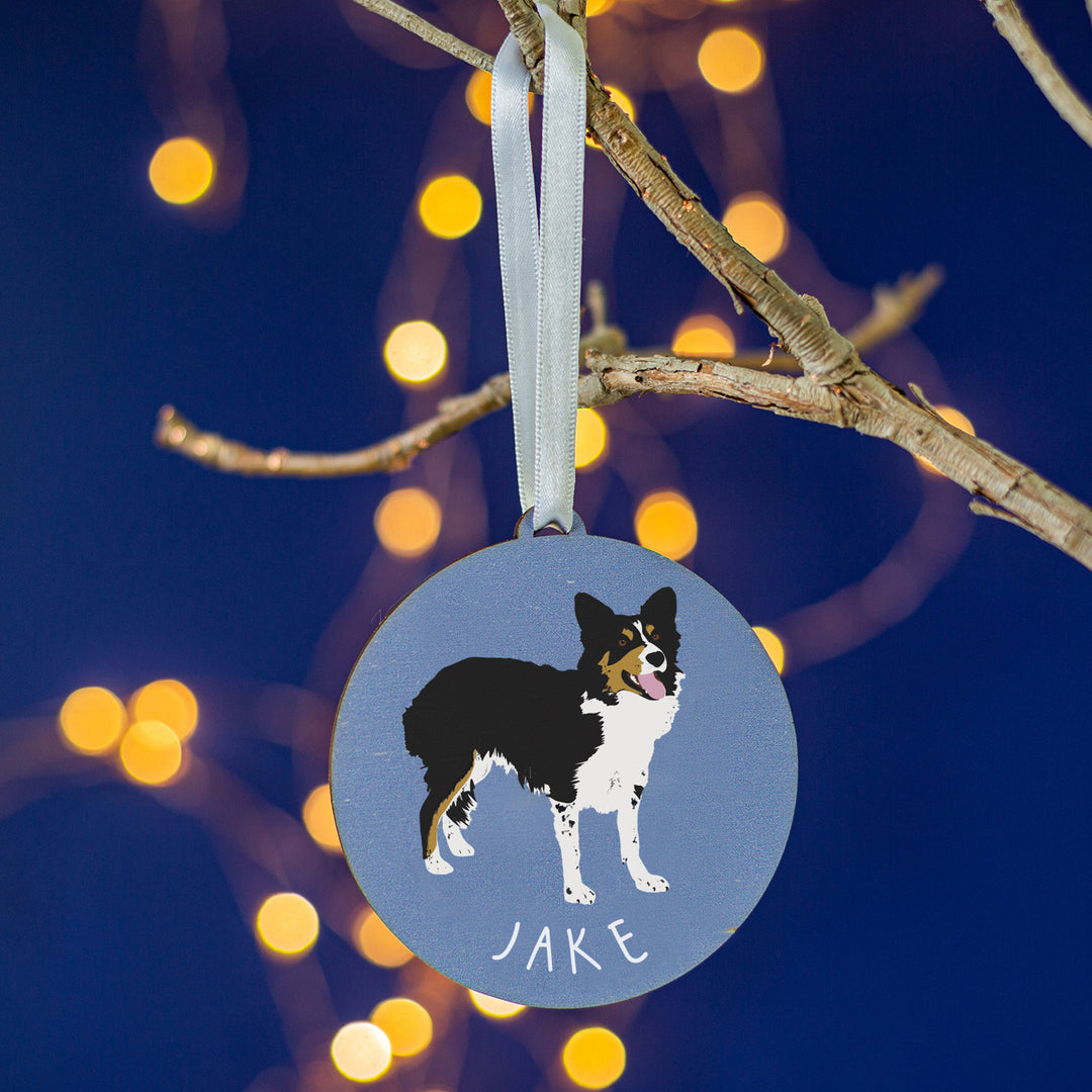 Wooden Collie dog bauble with name engraving, perfect festive gift for dog owners.