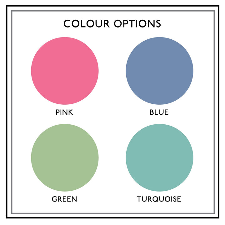 A color chart showing four color options: pink, blue, green, and turquoise.