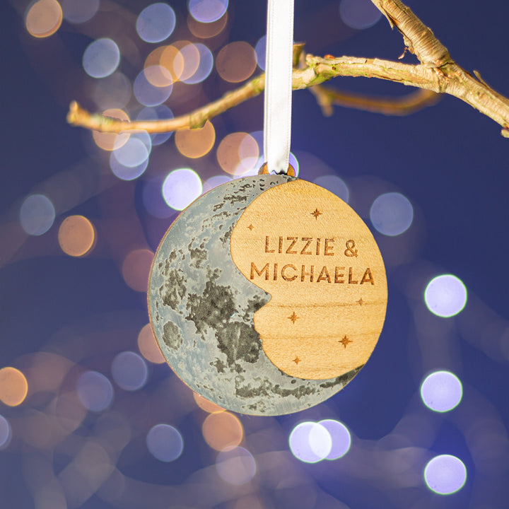Custom couple’s first Christmas moon ornament, engraved cedar wood with NASA moon design.