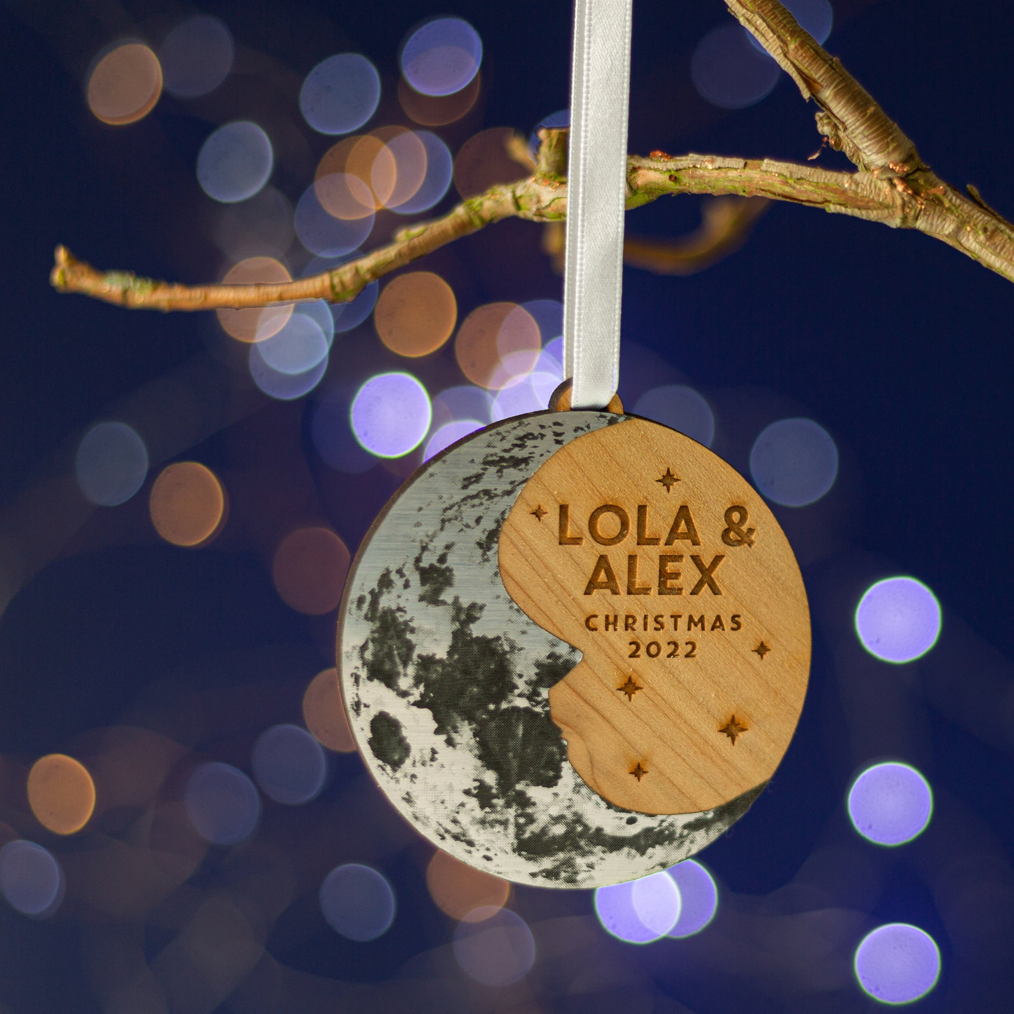 Silver Crescent Moon Personalised Christmas Tree Bauble