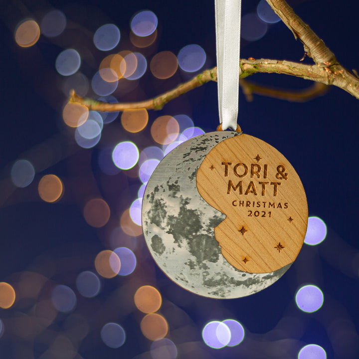 Romantic moon Christmas ornament, personalised with names and year for couples.